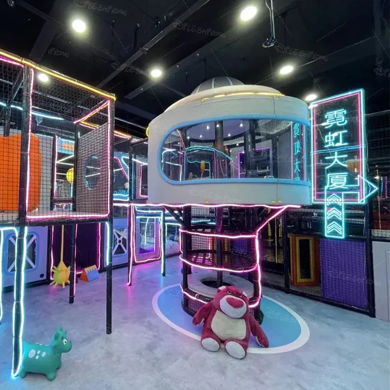 Indoor children's playground, cyberpunk style, technology future theme